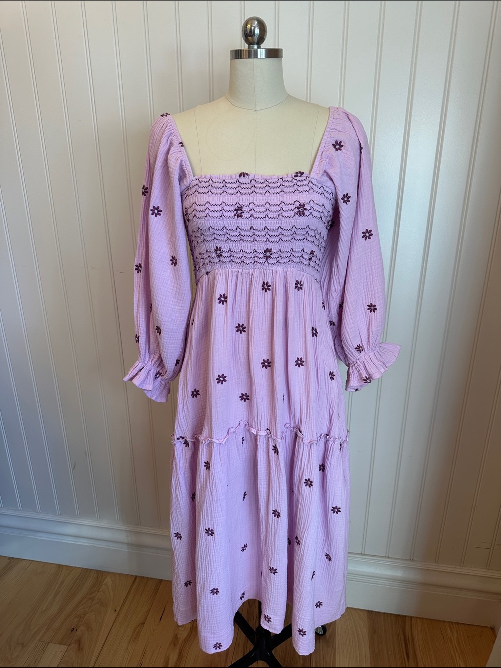 Pink Lily Pink Midi Dress with Dark Mauve Floral Embroidery